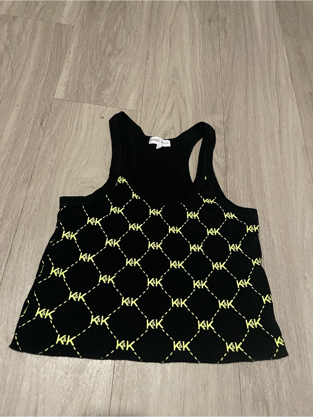 Kendall & Kylie Black Tank Top with Neon Yellow Monogram Print